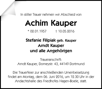 Traueranzeige von Achim Kauper von Tageszeitung