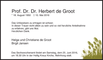 Traueranzeige von Herbert de Groot von Tageszeitung