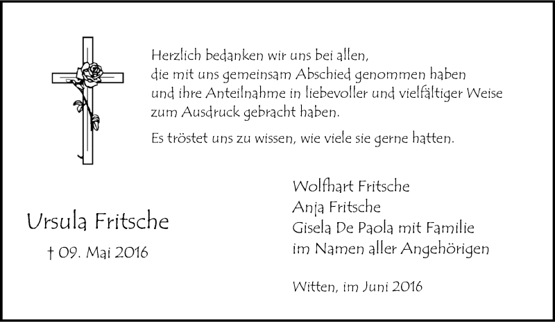  Traueranzeige für Ursula Fritsche vom 11.06.2016 aus Tageszeitung