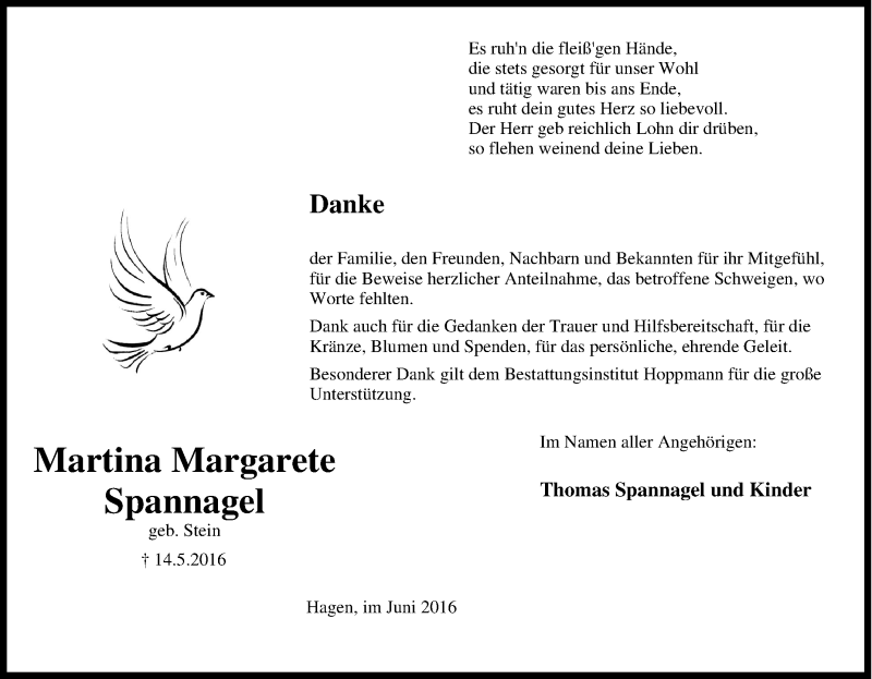  Traueranzeige für Martina Margarete Spannagel vom 04.06.2016 aus Tageszeitung