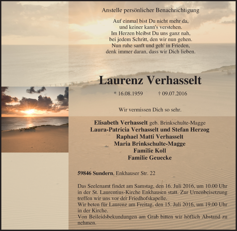  Traueranzeige für Laurenz Verhasselt vom 11.07.2016 aus Tageszeitung