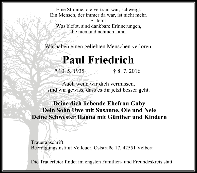  Traueranzeige für Paul  Friedrich vom 13.07.2016 aus Tageszeitung