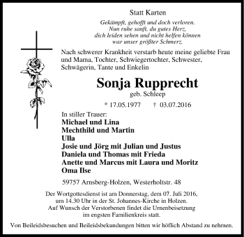 Traueranzeige von Sonja Rupprecht von Tageszeitung