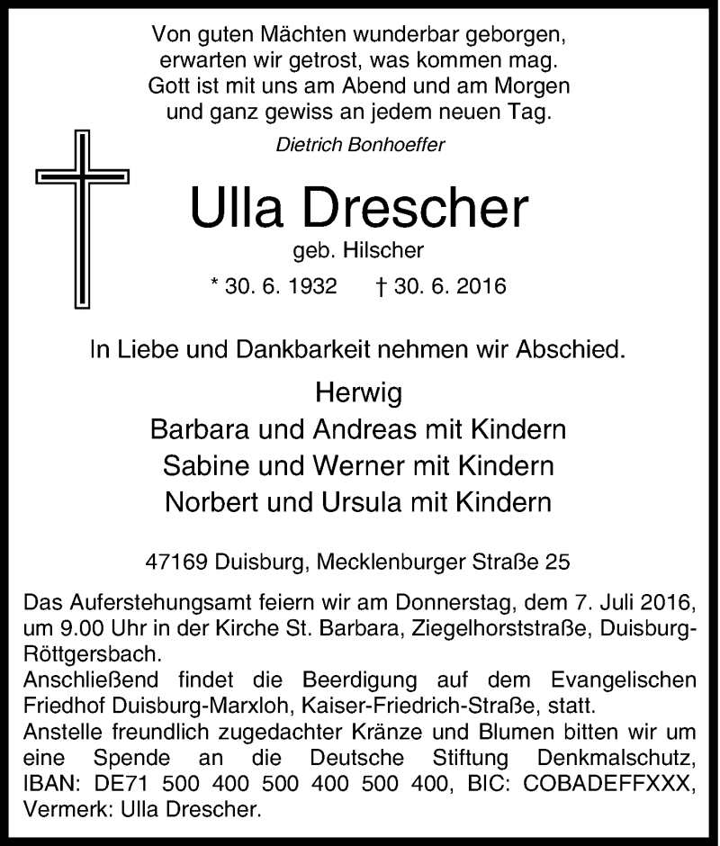  Traueranzeige für Ulla Drescher vom 04.07.2016 aus Tageszeitung