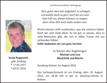 Traueranzeige von Sonja Rupprecht von Tageszeitung