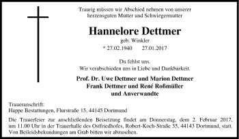 Traueranzeige von Hannelore Dettmer von Tageszeitung