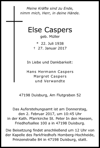 Traueranzeige von Else Caspers von Tageszeitung