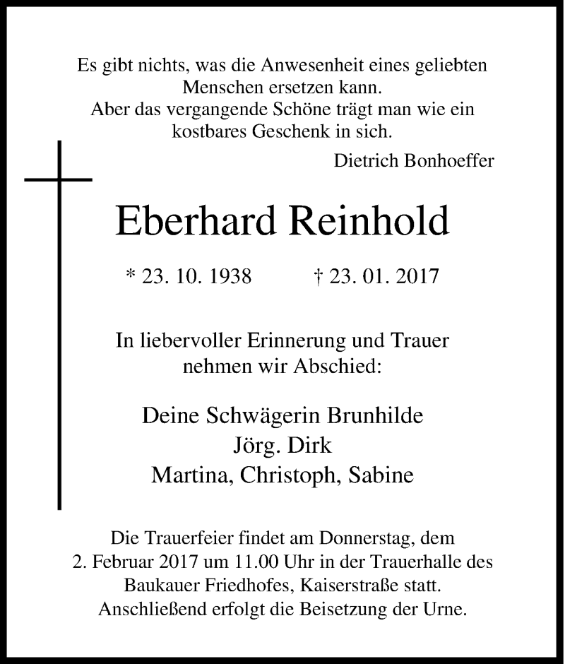  Traueranzeige für Eberhard Reinhold vom 28.01.2017 aus Tageszeitung