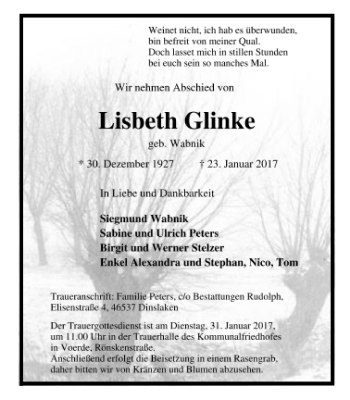 Traueranzeige von Lisbeth Glinke von Tageszeitung