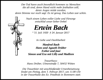 Traueranzeige von Erwin Bach von Tageszeitung