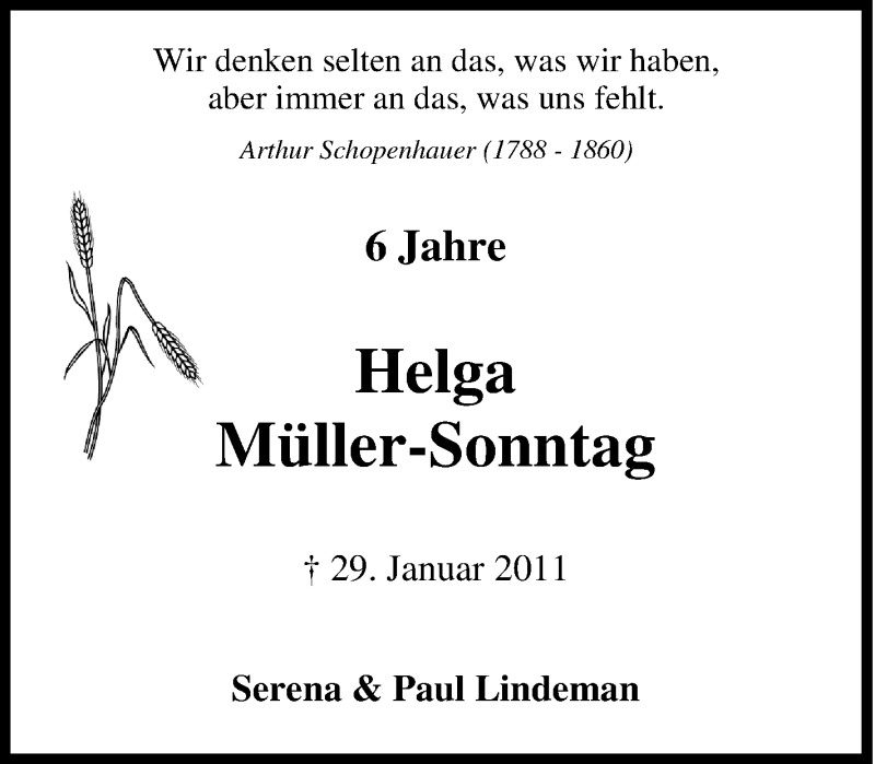  Traueranzeige für Helga Müller-Sonntag vom 28.01.2017 aus Tageszeitung