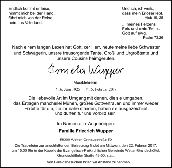 Traueranzeige von Irmela Wupper von Tageszeitung