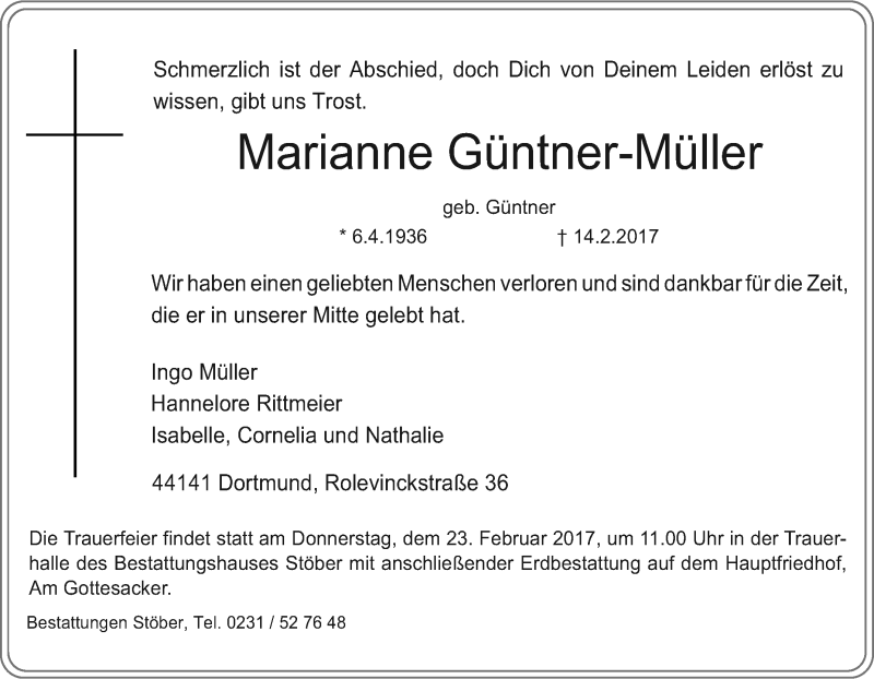  Traueranzeige für Marianne Güntner-Müller vom 18.02.2017 aus Tageszeitung