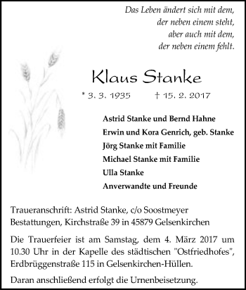 Traueranzeige von Klaps Stanke von Tageszeitung