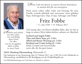 Traueranzeige von Fritz Fobbe von Tageszeitung