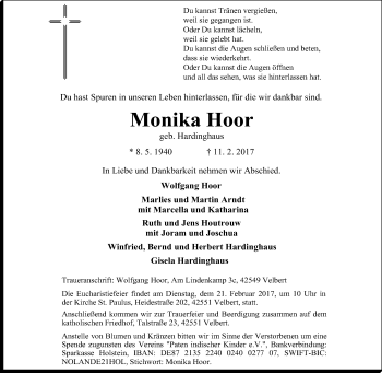 Traueranzeige von Monika Hoor von Tageszeitung