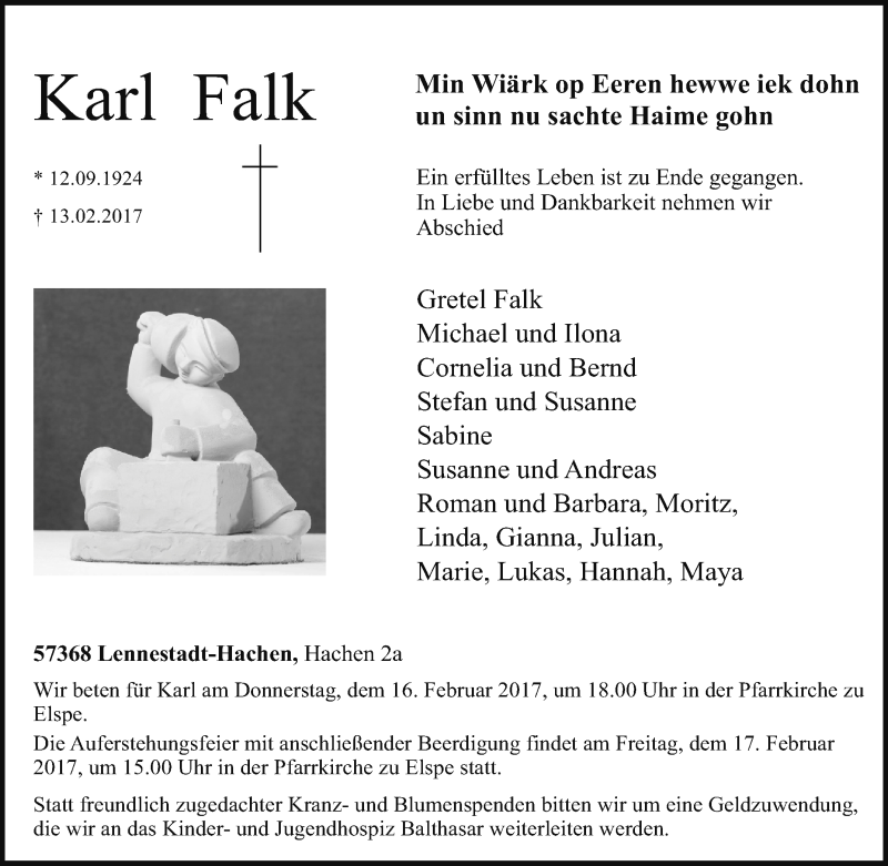  Traueranzeige für Karl Falk vom 15.02.2017 aus Tageszeitung