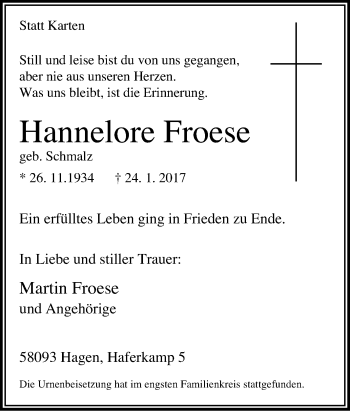 Traueranzeige von Hannelore Froese von Tageszeitung