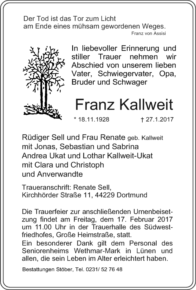  Traueranzeige für Franz Kallweit vom 11.02.2017 aus Tageszeitung