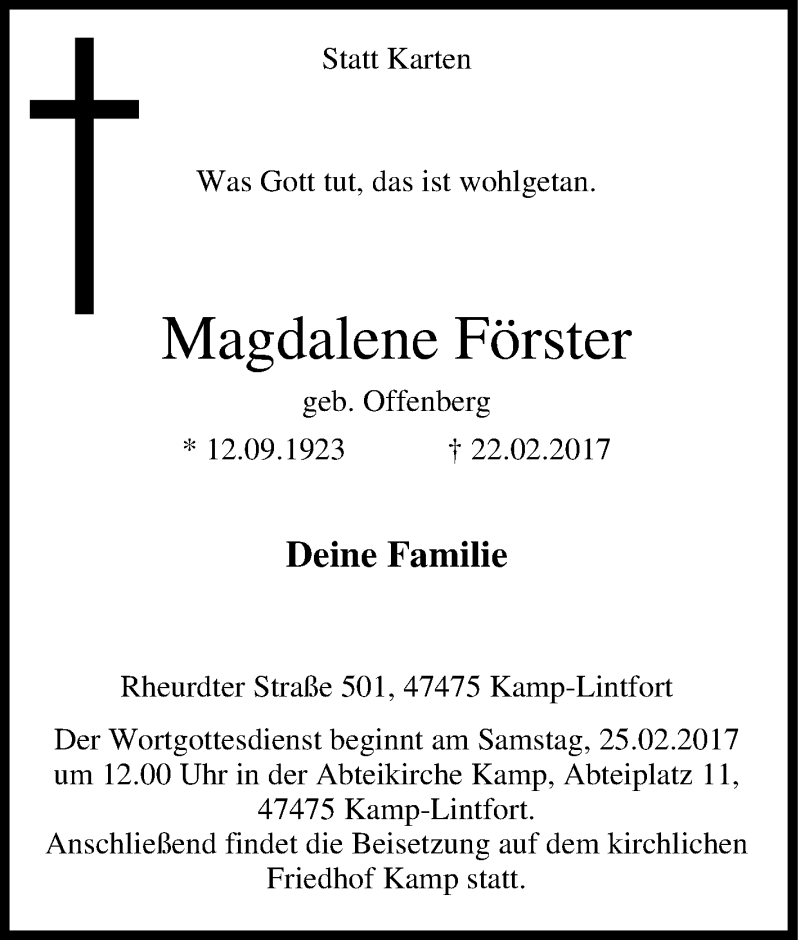  Traueranzeige für Magdalene Förster vom 23.02.2017 aus Tageszeitung