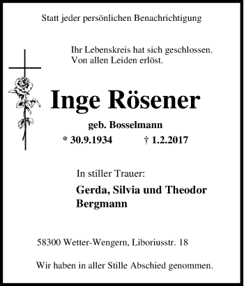 Traueranzeige von Inge Rösener von Tageszeitung
