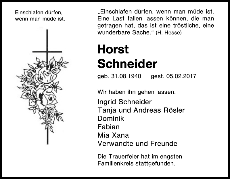  Traueranzeige für Horst Schneider vom 15.02.2017 aus Tageszeitung