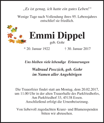 Traueranzeige von Emmi Dippel von Tageszeitung