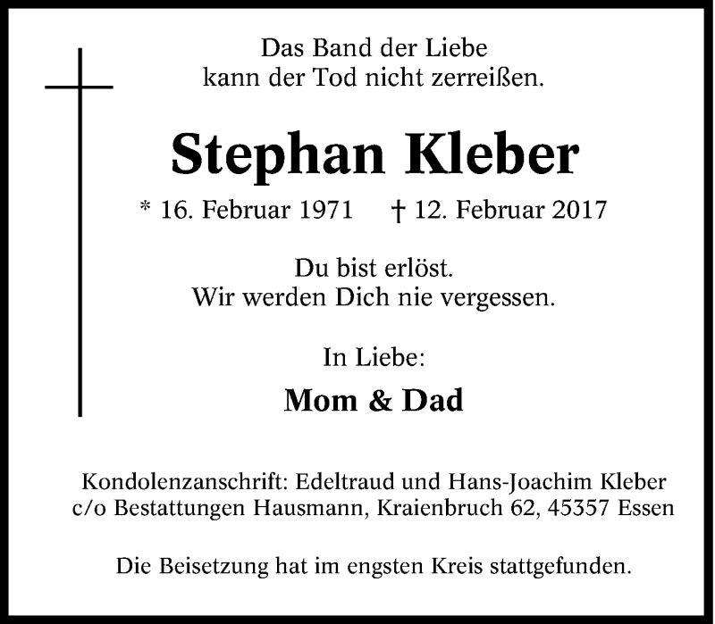  Traueranzeige für Stephan Kleber vom 18.02.2017 aus Tageszeitung