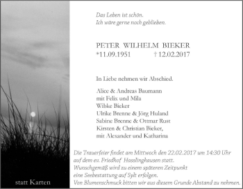 Traueranzeige von Peter Wilhelm Bieker von Tageszeitung