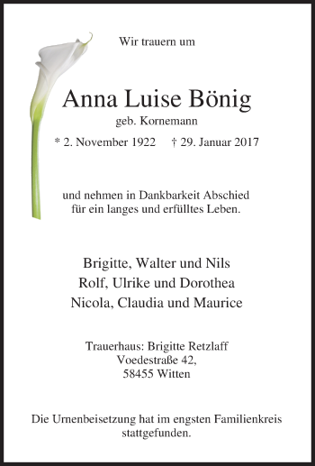Traueranzeige von Anna Luise Bönig von Tageszeitung