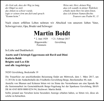 Traueranzeige von Martin Boldt von Tageszeitung