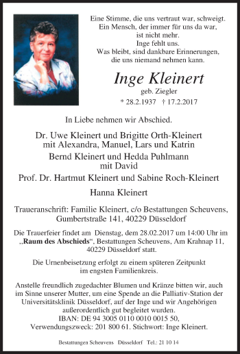 Traueranzeige von Inge Kleinert von Tageszeitung