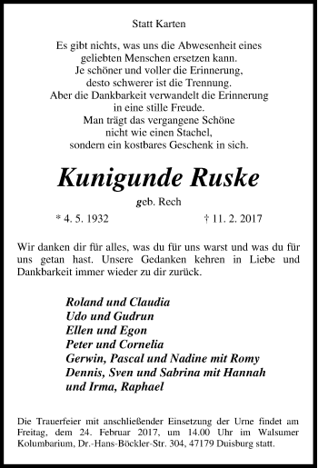 Traueranzeige von Kunigunde Ruske von Tageszeitung