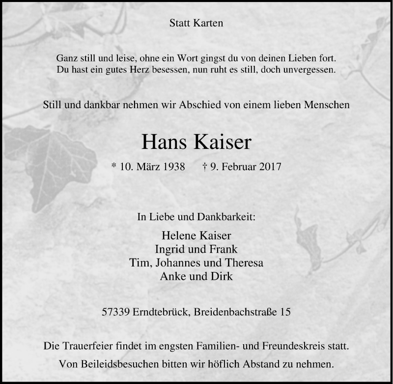  Traueranzeige für Hans Kaiser vom 11.02.2017 aus Tageszeitung