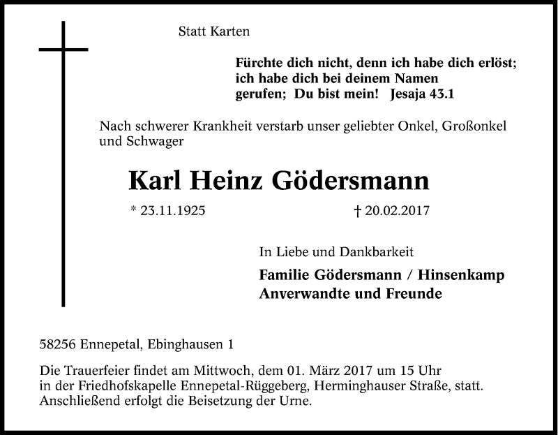 Traueranzeige für Karl Heinz Gödersmann vom 27.02.2017 aus Tageszeitung