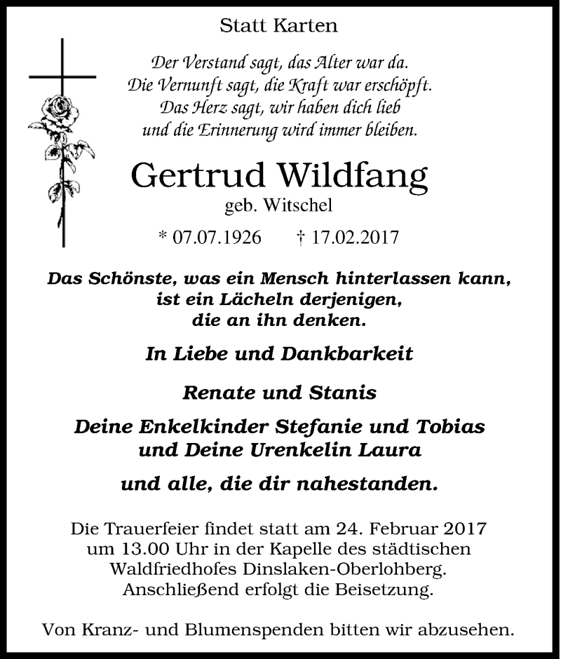  Traueranzeige für Gertrud Wildfang vom 22.02.2017 aus Tageszeitung