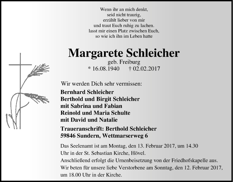 Traueranzeige für Margarete Schleicher vom 06.02.2017 aus Tageszeitung