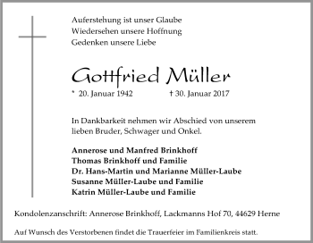 Traueranzeige von Gottfried Müller von Tageszeitung