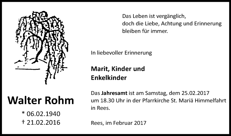  Traueranzeige für Walter Rohm vom 18.02.2017 aus Tageszeitung
