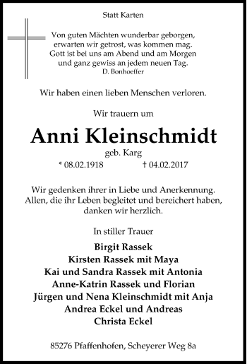 Traueranzeige von Anni Kleinschmidt von Tageszeitung