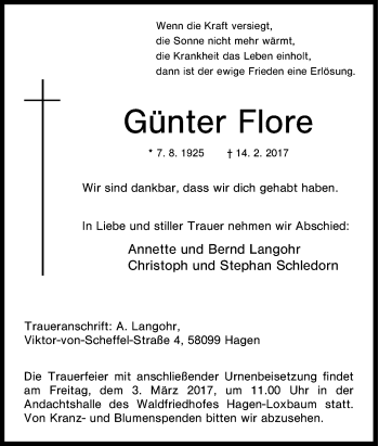 Traueranzeige von Günter Flore von Tageszeitung