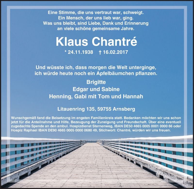  Traueranzeige für Klaus Chantré vom 25.02.2017 aus Tageszeitung