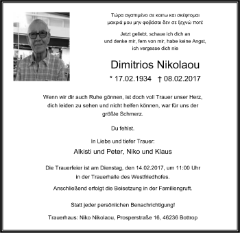 Traueranzeige von Dimitrios Nikolaou von Tageszeitung