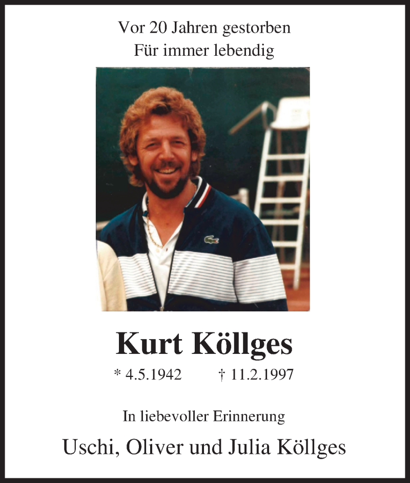  Traueranzeige für Kurt Köllges vom 11.02.2017 aus Tageszeitung