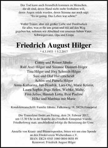 Traueranzeige von Friedrich August Hilger von Tageszeitung
