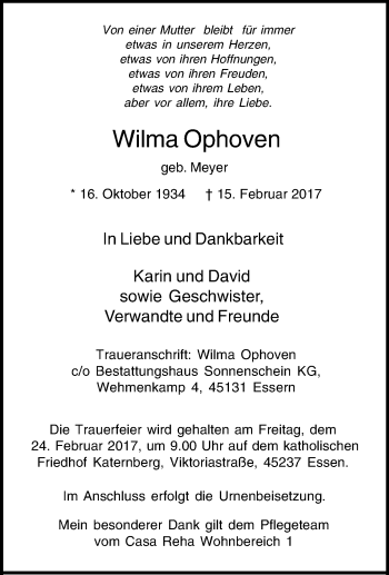 Traueranzeige von Wilma Ophoven von Tageszeitung