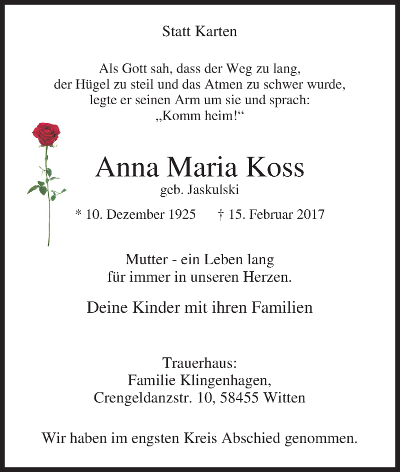 Traueranzeige für Anna Maria Koss vom 25.02.2017 aus Tageszeitung