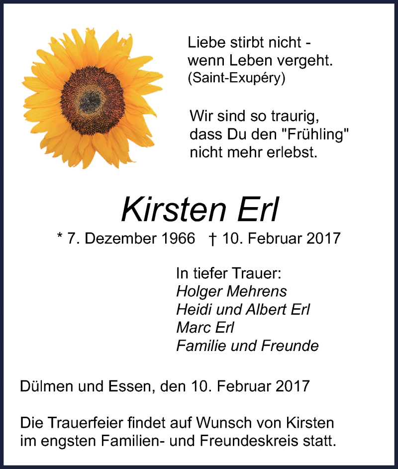  Traueranzeige für Kirsten Erl vom 14.02.2017 aus Tageszeitung