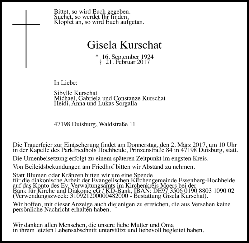  Traueranzeige für Gisela Kurschat vom 27.02.2017 aus Tageszeitung