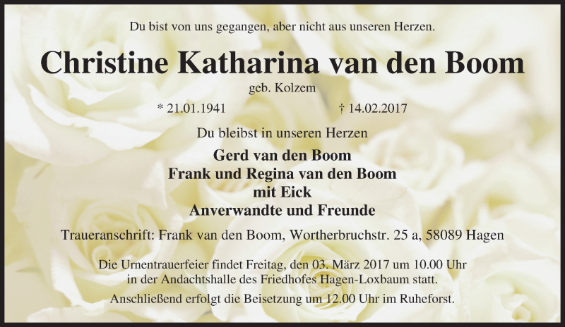  Traueranzeige für Christine Katharina van den Boom vom 25.02.2017 aus Tageszeitung